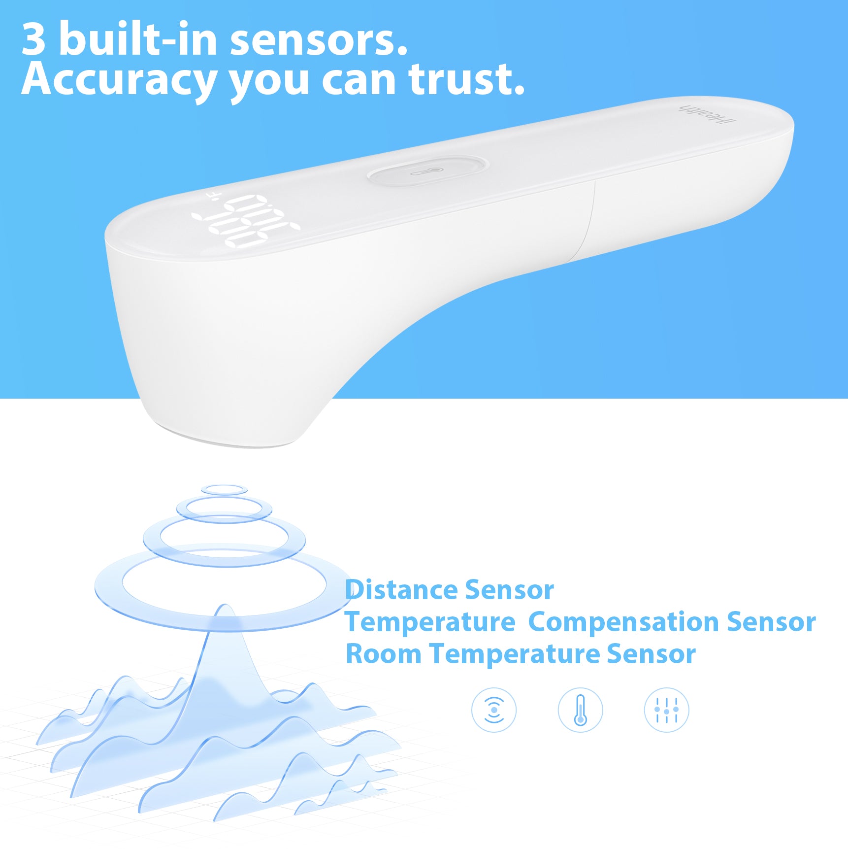 Infographic about iHealth PT3 non-contact infrared forehead thermometer's distance sensor, temperature compensation sensor, and room temperature sensors
