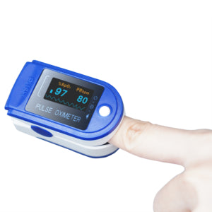 iHealth wired fingertip pulse oximeter attached to a person's finger
